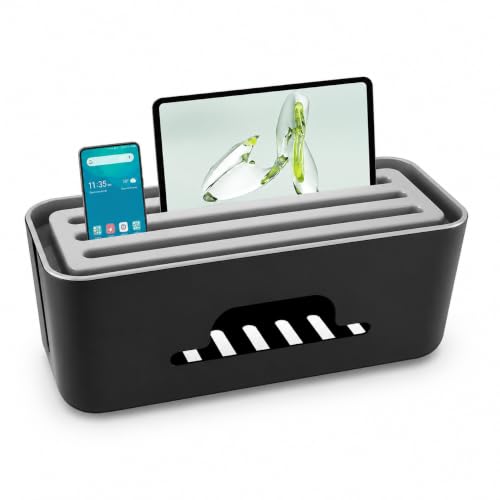 Image of Xacton Large Cable Management Box with Lid | Cord Organizer Box for Power Strip, Extension Board & Charging Station, Home, Office & Desk | Cable Concealer for TV, Computer & Electronics - Black