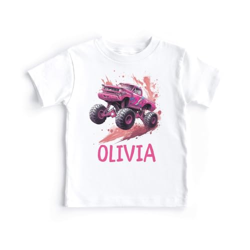 Custom Girls Pink Monster Truck Shirt - Personalized Kids Name Birthday T-Shirt - Natural Toddler Youth Tee3