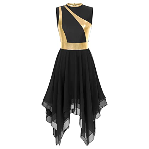 Nyeemya Vestido de Danza Ballet Sin Manga para Mujer Brillante Vestido de Baile Latino Contemporánea Vestido de Danza Lirica Asimétrico Traje de Bailarina Fiesta B Negro S