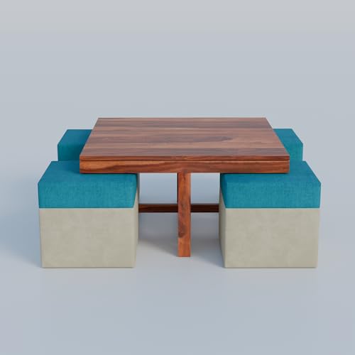 Image of Soild Sheesham Wood Centre Coffee Table with 4 Stools for Living Room Hall Bedroom Office|Wooden Center Coffee Table for Outdoor Garden Home | (Natural Teak Dark)