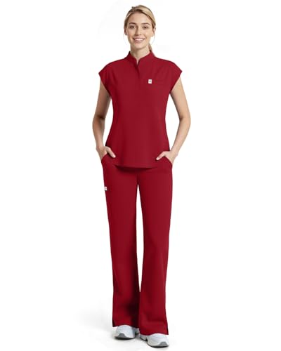 Dvoliaw Women Scrubs Set,Sleeveless Stand Collar Scrub Top,Straight Leg Scrub Pant,11-Pocket Medical Uniform,Yoga Waistband