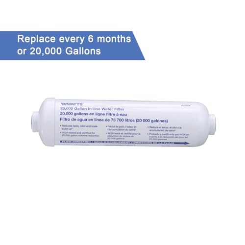 Image of Watts Premier 20,000 Gallon Inline Water Filter with Two 1 /4 inch Brass Connectors for Refrigerator, Ice Maker, RV, Camper, Water Cooler, Fountain, Reduces Bad Taste, Odors, Chlorine and Sediment