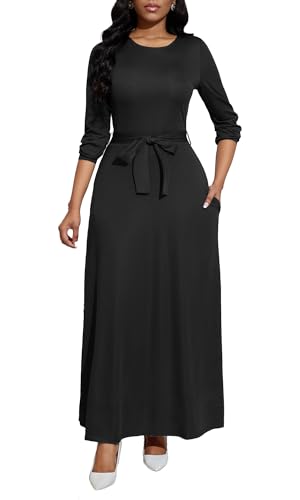 Image of BubFee Long Dress for Women Casual Long Sleeve Dresses Maxi Dress Empire Waist Loose with Belt
