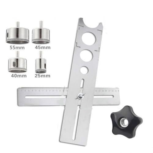 Leadigol Stainless Steel Ceramic Tile Hole Locator,Portable Drilling Hole Tools,Adjustable Measuring Tools Marble Punching Tool Tile Hole Locator, with Black nut 4 Drill bits