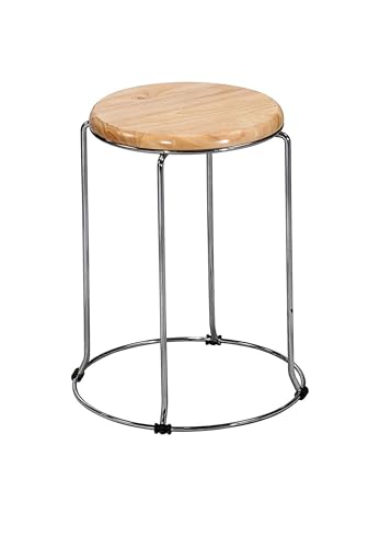Image of NGFC Steel Stool for Indoor /Outdoor Use - Home, Medical, Hospital, Food, Doctor, Kitchen, Office, Cafe, Cafeteria, Metal Bar Stool (Wood Round Seat, Silver pk1)