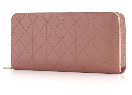 RRANCharltu Geldbörse Damen Leder Portemonnaie Damen groß Geldbeutel im Langformat Gross Portmonee mit Reißverschluss und Druckknopf mit vielen Fächern und Kartenhalter, Dunkelrosa