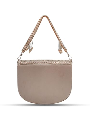 Image of THE TAN CLAN Kavya Beige Flap Over Bag Clutch Purses Luxury Evening Handbags with Handle