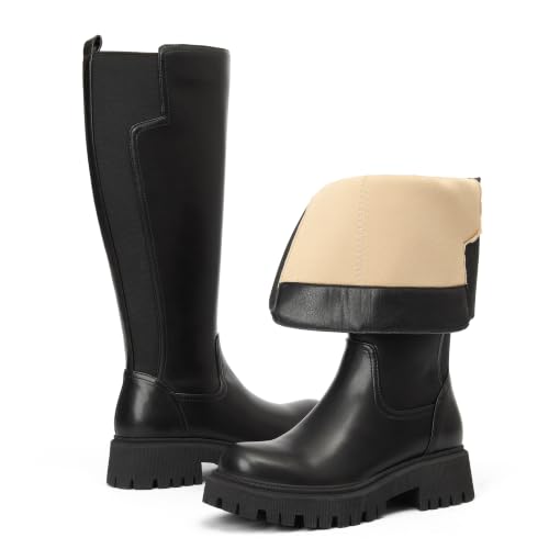 Image of TEAIEUI Womens Low Block Heel Platform Stretch Knee High Boots, Side Zipper | Comfortable Tall Boots, Stretch Calf, Round Toe, 1.81 inch Heel, Faux Leather, for Fall, Winter, Going out, Dress, Festival