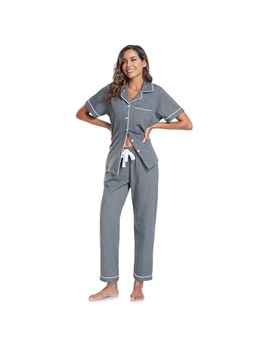 Image of CF Womens 100% Cotton Pajamas Set Button Down Pjs Sets Short Sleeve Top & Long Pants Sleepwear Comfy Loungewear with Pockets