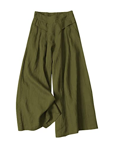 Image of Gihuo Culottes for Women Linen Wide Leg Gauchos Capri Palazzo Pants | Cotton Linen Pants,Flowy Pants,Women's Culottes,Cropped Pants,Elastic Waist Trousers with Pockets