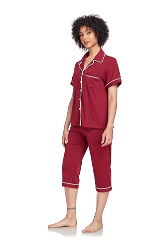 Image of COLORFULLEAF 100% Cotton Capri Pajama for Women Set Summer Short Sleeve Pj Sets for Women Cotton Sleepwear