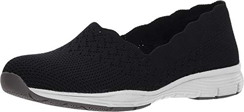Skechers Women's Seager-STAT-Scalloped Collar, Engineered Skech-Knit Slip-On-Classic Fit Loafer, Black, 10 M US