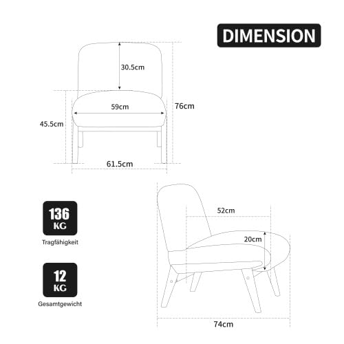 Set di 2 poltrone imbottite con gocce di pioggia egiziane in tessuto avorio con gambe in legno massello, sedia senza braccioli per soggiorno, camera da letto, sala d'attesa