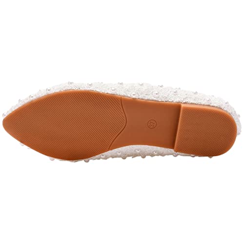 ANUFER Womens Elegant Pointed Toe Flower Lace Pearls Bridal Shoes Pumps Soft Sole Ballet Flats2