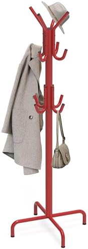 Simple Houseware Standing Coat and Hat Hanger Organizer Rack, 12 Hooks, Red
