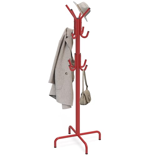 Simple Houseware Standing Coat and Hat Hanger Organizer Rack, 12 Hooks, Red