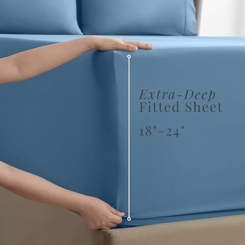 Image of Hearth & Harbor Extra Deep Pocket Sheets - Fits Mattress 18-24 Inches Deep - Extra Deep Pocket Twin XL Sheets Sets - 4 Piece Twin XL Size - Blue Heaven