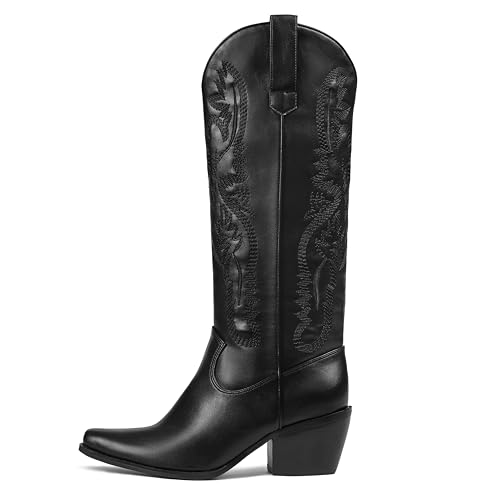 Erocalli Knee High Boots Women Cowgirl Cowboy Western Fall Chunky Block High Heel Tall Long Fashion Boot Side Zipper