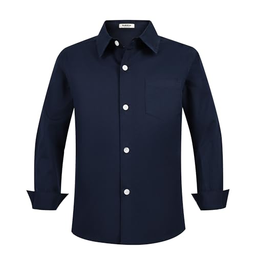 ScHaXjm Youth Dress Shirt Pure Cotton Boys Button Down Shirts 7-16 Years Navy Blue