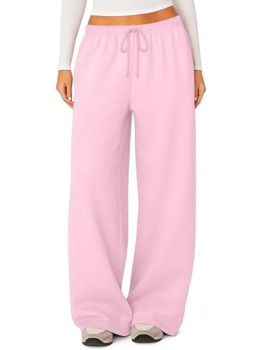 HeSaYep Womens Wide Leg Sweatpants Baggy Fleece Lined High Waisted Sweat Pants Straight Leg Casual Drawstring Pants with Pockets Pink M
