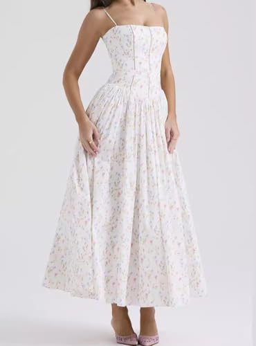 Women's Casual Bohemian Floral Printed Strapless Backless Beach Party A-Line Flowy Long Maxi Dress Summer3