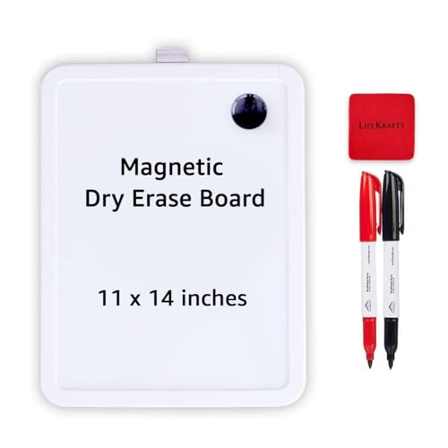 Image of LifeKrafts Magnetic Dry Erase White Board | 11x14 Inches | Writing Board for Fridge & Wall | PVC Border Frame | Reusable Whiteboard with 2 Marker Pens & 1 Eraser | Home, School, Office, Kids & Adults
