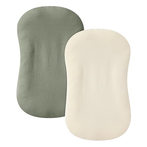 Image of guruixu 2 Pack Muslin Baby Lounger Cover, 100% Cotton Infant Lounger Cover, Soft & Breathable Replacement Slipcover Fits Newborn Lounger for Baby Boys and Girls (Olive,Cream)