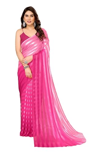 ETHNICMODE sari indio mujer Soft Satin Light Weight Party Pink Saris With Unstitched Red Blouse Piece 1118