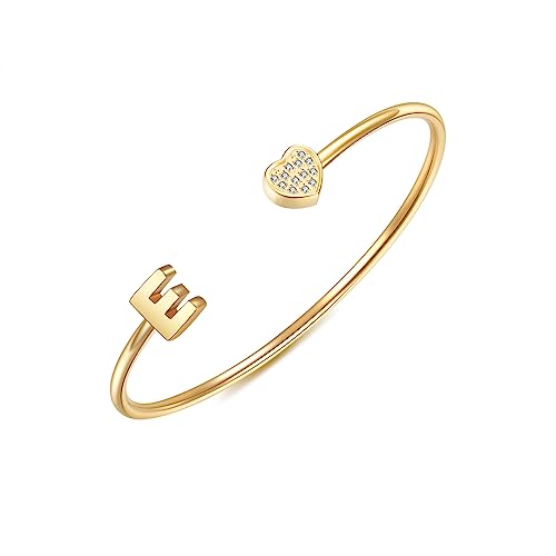 Image of VQYSKO Heart Initial Cuff Bracelets for Woman-CZ Stainless Steel Adjustable Open Bracelet Woman Jewellery,Birthday Gifts for Woman