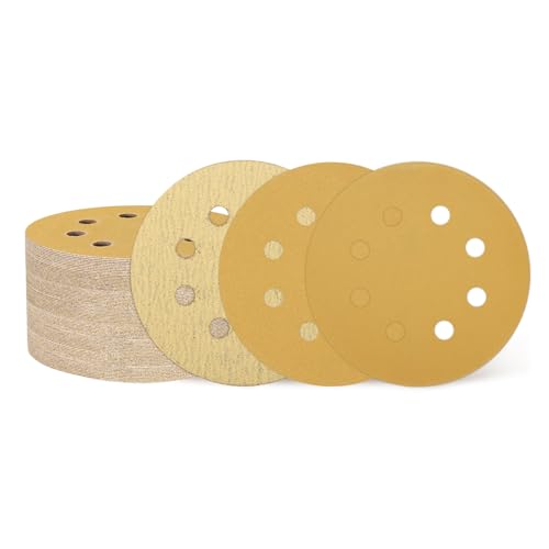 QUARKZMAN 150pcs 125mm 5' Discos De Lijado 8 Agujeros 120/150/220 Grano Papel De Lija De Gancho Y Bucle Almohadillas Para Lijadora Orbital Aleatoria Para Carpintería Automotriz Metal, Oro