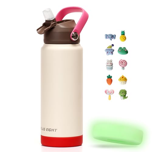 pluseight 750ml/24oz Water Bottle with Straw Lid, Stainless Steel Water Bottle Wide Fluorescent Coaster for Sports, Gym or Office, BPA-Free Keep Cold 24H Hot 12H (Beige)