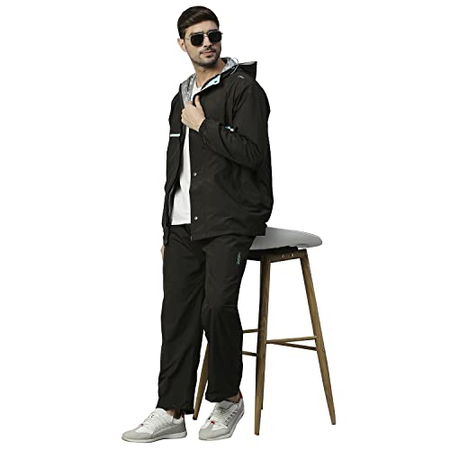 Image of ZEEL Rain Coat for Men Waterproof for Bike Riders with Adjustable Hood Along with Inner Pockets,Waterproof Raincoat with Polyester Jacket,Pants and Carrying Pouch,AZ03 Black-ScubaBlue XXL
