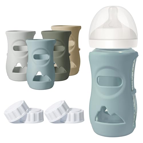Image of Joxodak 4 Pack Silicone Sleeves for Philips Avent Natural Glass Bottle, Food Grade Silicone Cover and 4pcs Travel Caps, Lids Replacement (Dark Blue+Dark Green+Grey+Beige, 8oz)