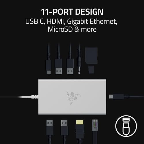 Image of Razer USB C Dock (Mercury White) Docking Station, 11-Port Design, USB-C Port, USB-A Port, Gigabit Ethernet Port, HDMI Port, UHS-I SD /MicroSD Card Slot, 3.5mm Audio Composite Jack, U-S-B Sea Dock