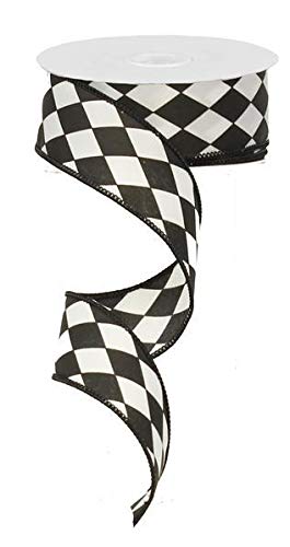 Image of Black White Diamonds Harlequin Ribbon - 1 1 /2 inch x 10 Yards, Argyle, Black Wire Edged, Christmas, Mardi Gras, Wedding Embellishments, Gift Wrapping, Wreath Decoration, Garland, Tree Topper Bow