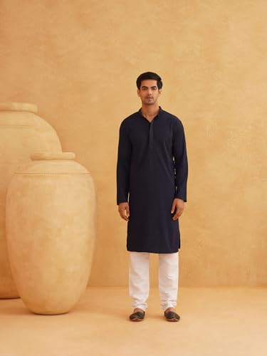 Image of Sojanya (Since 1958 Men'S Geometric Embroidered Thread Work Cotton Straight Long Kurta