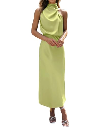 BTFBM Cocktail Dresses for Women Satin Silk Sleeveless Mock Neck High Waist Maxi Wedding Guest Dress Spring Clothes 2026(Tender Green, Large)