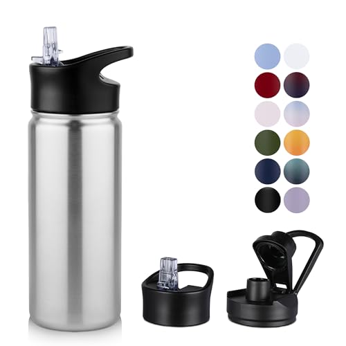 MURBONE Insulated Water Bottle, 500ml Stainless Steel Drink Flask with Straw, BPA Free, 2 Lids (Straw Lid and Spout Lid)