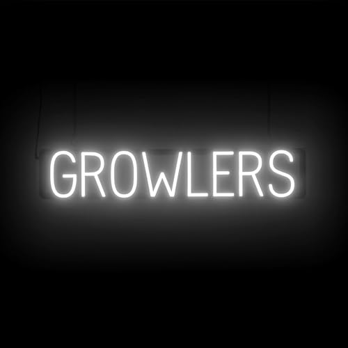 Image of SpellBrite LED Neon GROWLERS Sign for Business - White, 33 inch x 6 inch | Ultra-Bright Click-Together Signage for Bars & Restaurants, with Visibility from 500 ft - 8 Animations, 6 Brightness Levels