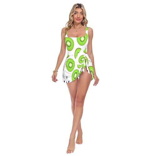 Maillot de bain une pièce femme col carré motif kiwi vert double bretelles été