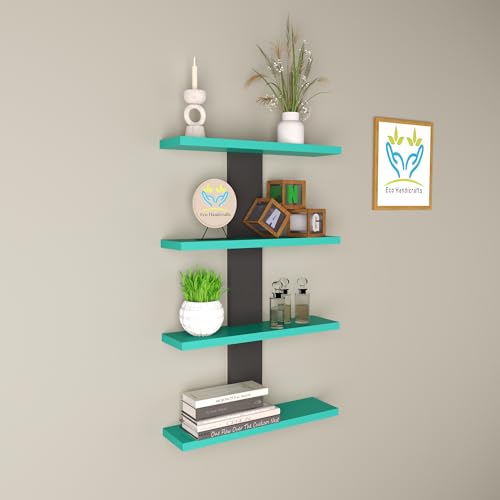 Image of Wooden Wall Mounted Floating Rack Shelves Book Stand Display Hanging Shelf Living Room Bedroom Storage Home Office for Decoration Showcase (Cyan Black)