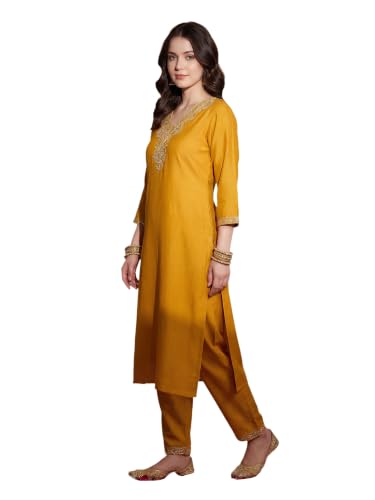 Image of INDO ERA Women's Silk Blend Embroidered Zari Work Straight Kurta & Pant Set | Cord Set For Women