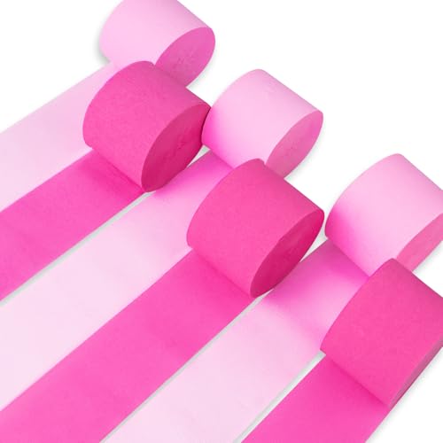 Image of PartyWoo Pink Crepe Paper Streamers 6pcs 492ft Pack of Light Baby Pastel Hot Pink Crepe Paper Streamers for Birthday Gender Reveal Baby Shower Graduation Wedding Bachelorette Party Decorations