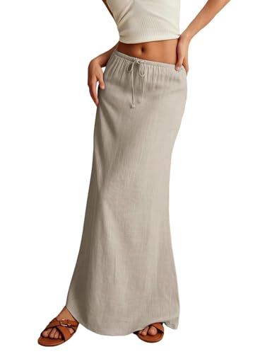 EARKOHA 2025 Women's Summer Maxi Skirt Drawstring Low Waist A Line Linen Long Flowy Skirts Khaki1 L