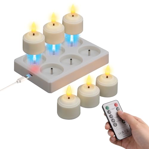 JVURICE 6er Aufladbare Teelichter mit Timer und Ladestation LED Teelichter Wiederaufladbar Kerzen Flackernd für Zimmer Wohnzimmer Halloween Weihnachten Hochzeit Tisch Party Deko
