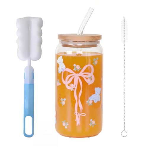 Luxvara Vaso de Cristal con Tapa y Pajita, 16 Oz Vaso con Lazo Rosa, con Cepillo de Paja y Cepillo de Taza,Diseño Bow, Reutilizable, para Bebidas, Café, Té, Cóctel, Batido