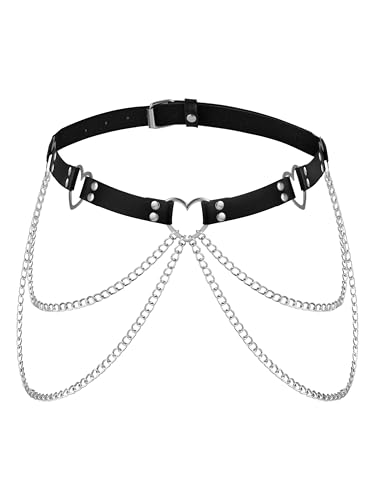Sacina Chain Heart Black PU leather Belt, Emo Punk Grunge Goth Belt, Gothic Punk Accessories
