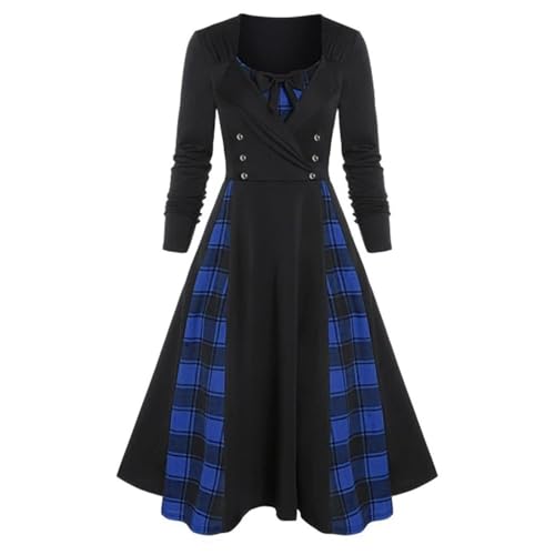 Celucke Weihnachtskleid Damen Kariert Patchwork Vintage Langarm 90er Jahre Kleider mit Gepunkte Cocktailkleider Elegant Damenkleid A-Linie Partykleid...