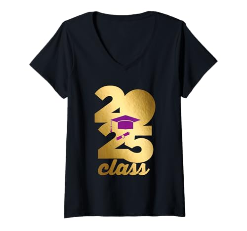Mujer Class of 2025 Golden Graduation Purple Cap Diploma Grad Camiseta Cuello V
