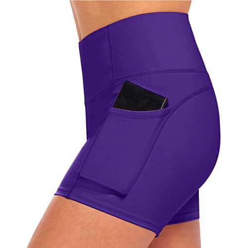 ACTIVE UNIFORMS Women's Yoga Shorts High Waist Sports Pant Tummy Control with Deep Pockets (Large, Purple)